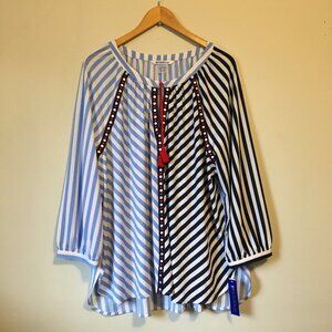 NWT Nygard Missy Indigo & Red Harlequin Striped Tassled Tunic Blouse